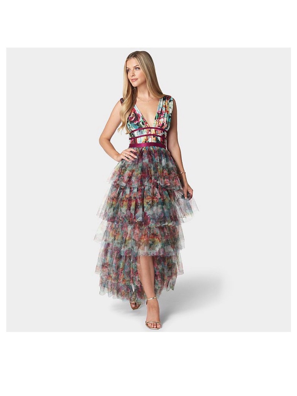 BEBE Multi-Color Floral Tiered Tulle High-Low Dress